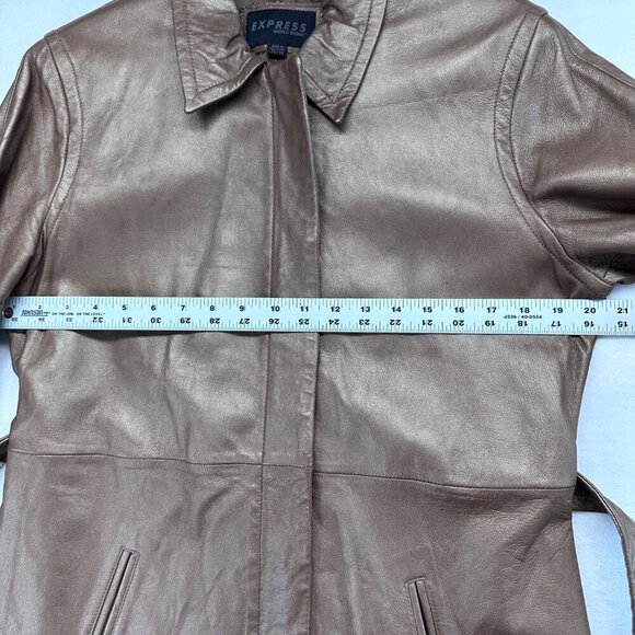 Express Vintage Leather Long Jacket Womens Size 13/14 Gold Bronze Waist Tie - Picture 13 of 16